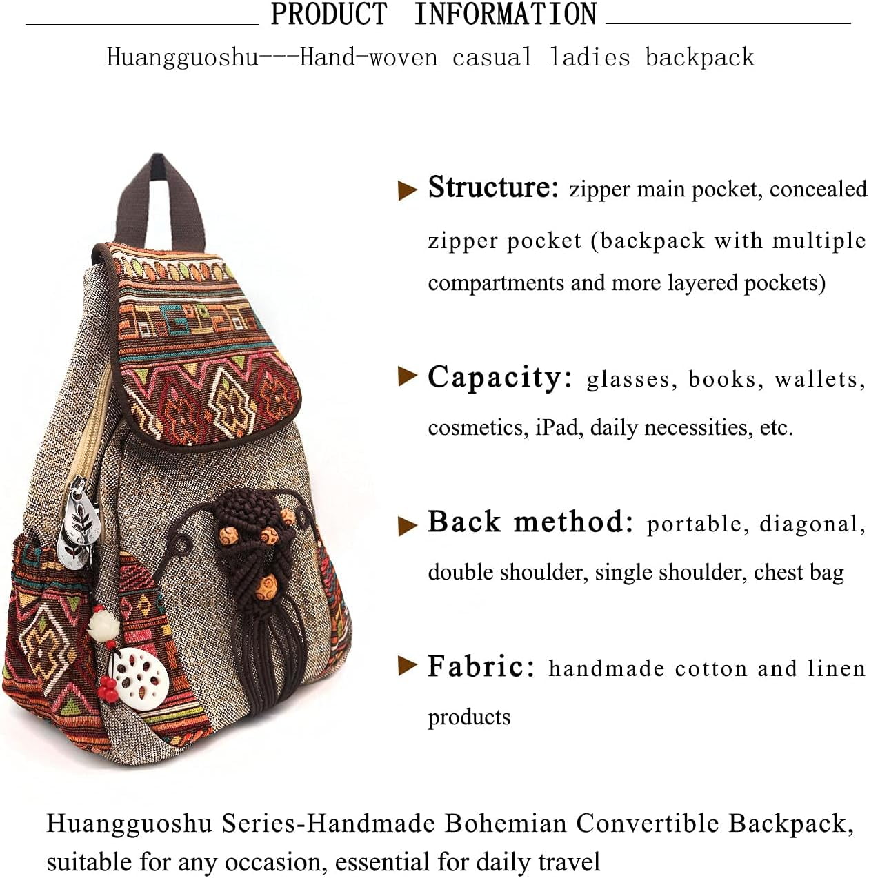 Travel Bags Cotton And Linen Handwoven Canvas Boho Backpack - :[ Travel Bag With Pockets - Etsy main image 4