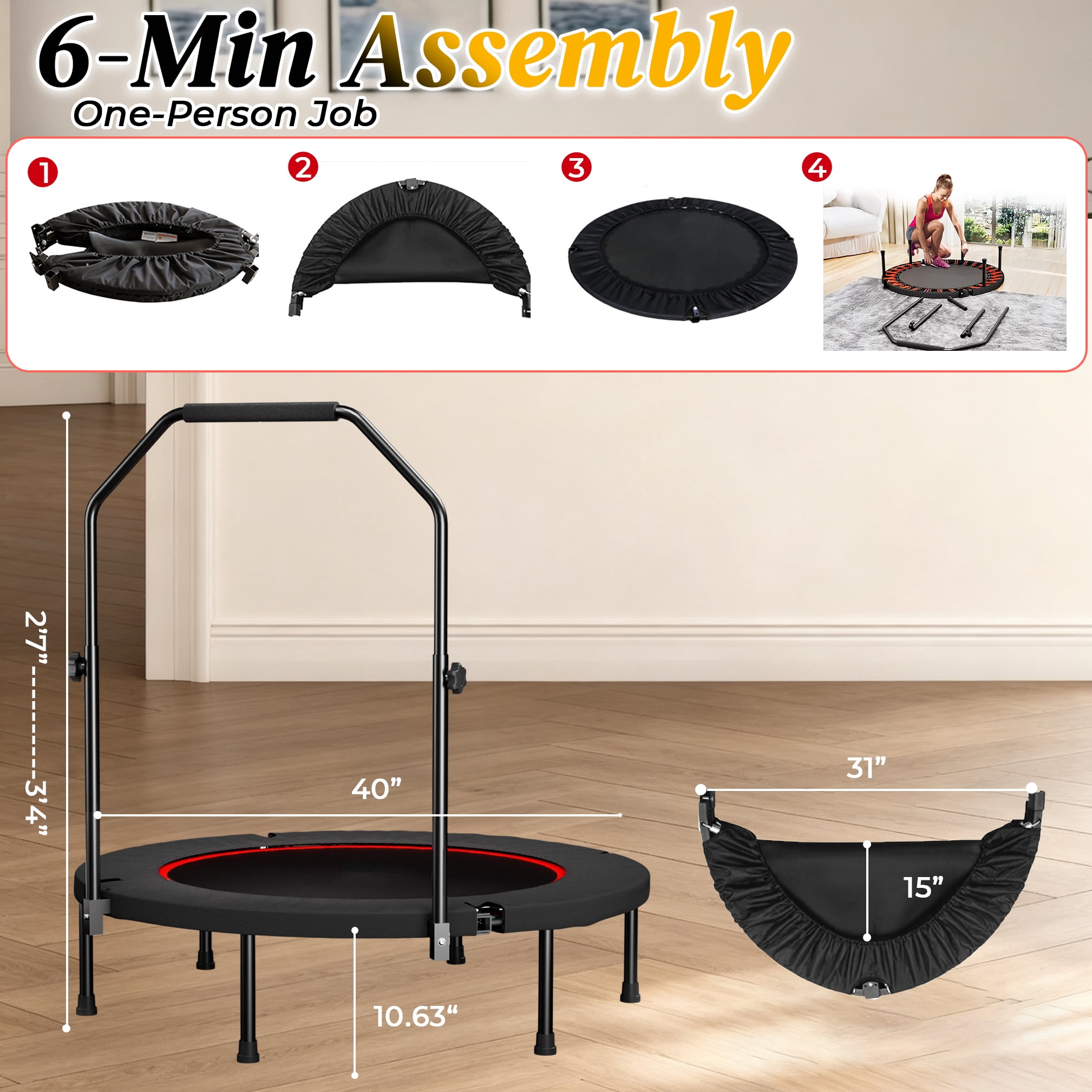 40 Inch Spring Mini Fitness Trampoline for Adults,3-Level Adjustable Adjustable Foam Handle Foldable Rebounder,Indoor Outdoor Home Gym Workout Equipment,Max Load 450LBS Exercise Equipment