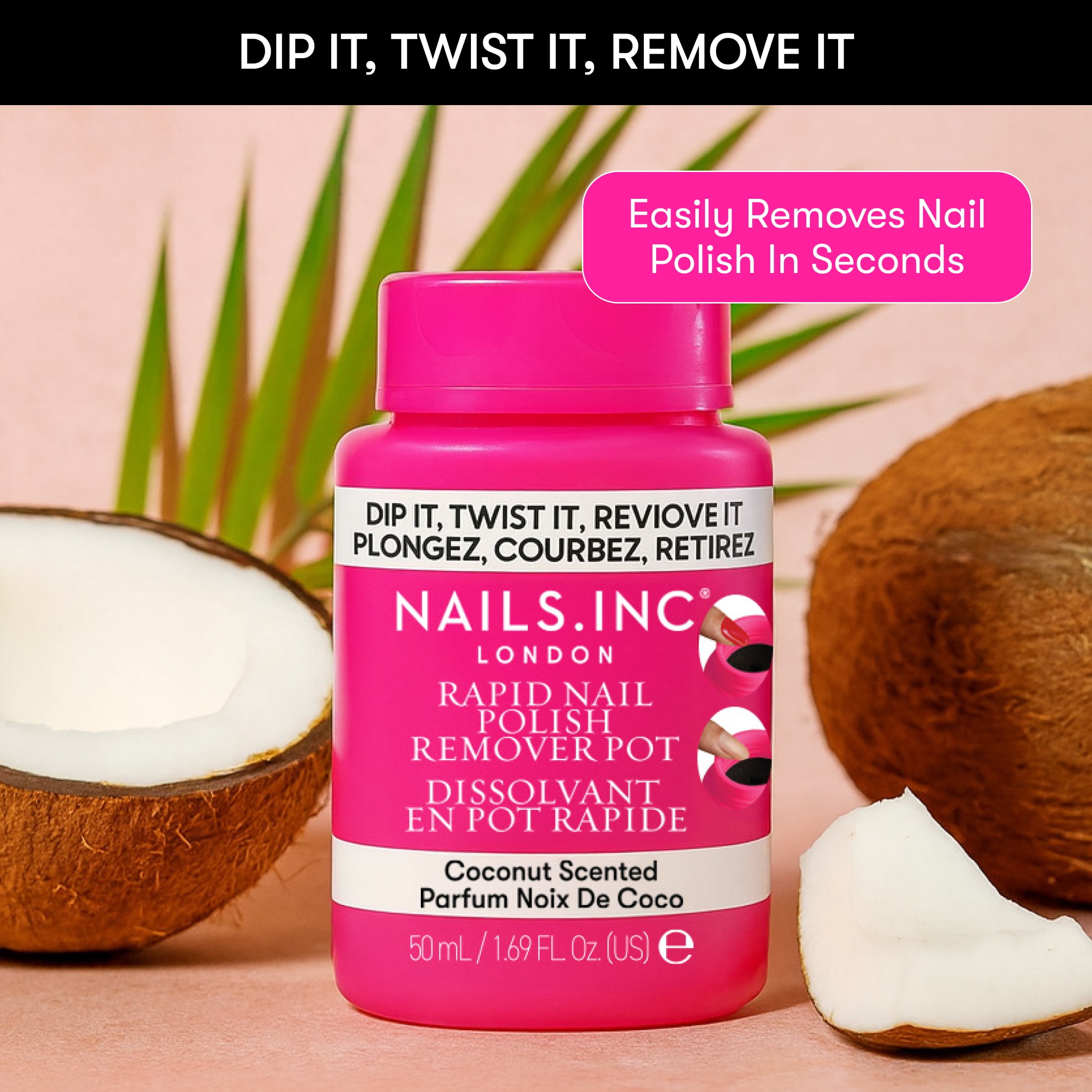 Nails.INC Vegan Collagen Fueled Coconut Scented Nail Polish Rapid Remover Pot for Hands, 1.69 fl oz