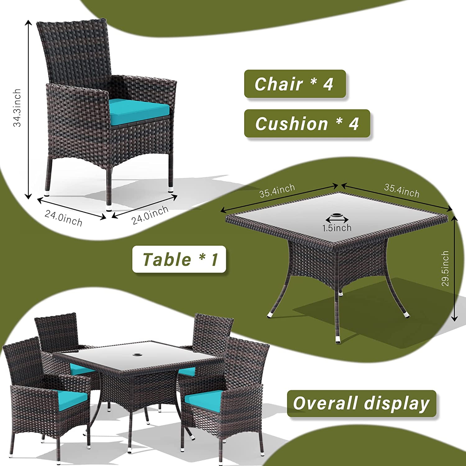 ALAULM 5 Pieces Patio Dining Set Outdoor Rattan Furniture with Square Glass Tabletop 4 Chairs with Cushions for Patio, Backyard Outdoor Kitchen Lawn & Garden Blue