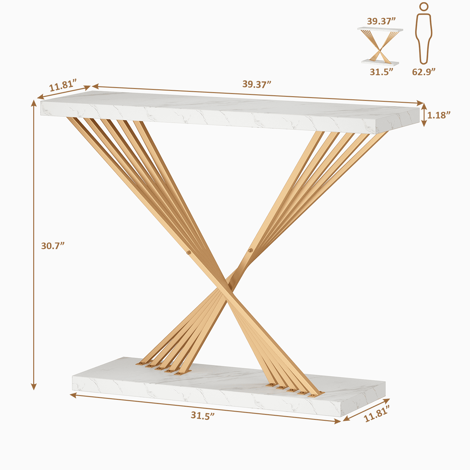 39.4 Inch Gold Console Table, White Faux Marble Modern Entryway Table Sofa Tables Behind The Couch for Entrance Hallway Living Room, X-Shape