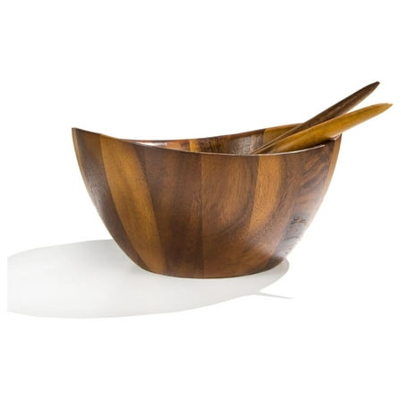 Gourmet 3 Piece Wooden Salad Bowl Set | Big 12-Inch Salad Bowl with Serving Utensils | Wood Salad Tosser and Fruit Bowl | Housewarming Gift | Designed by Wei Young