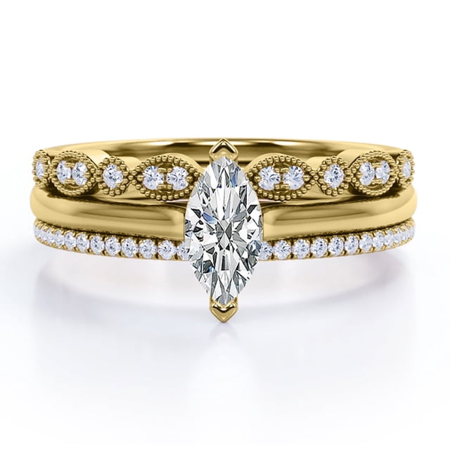 Juego de Anillos Nupciales JeenMata Trío Corte Marquesa 1,25 Ct Filigrana Milgrain Art Deco Baño de Oro Amarillo 18 K sobre Plata