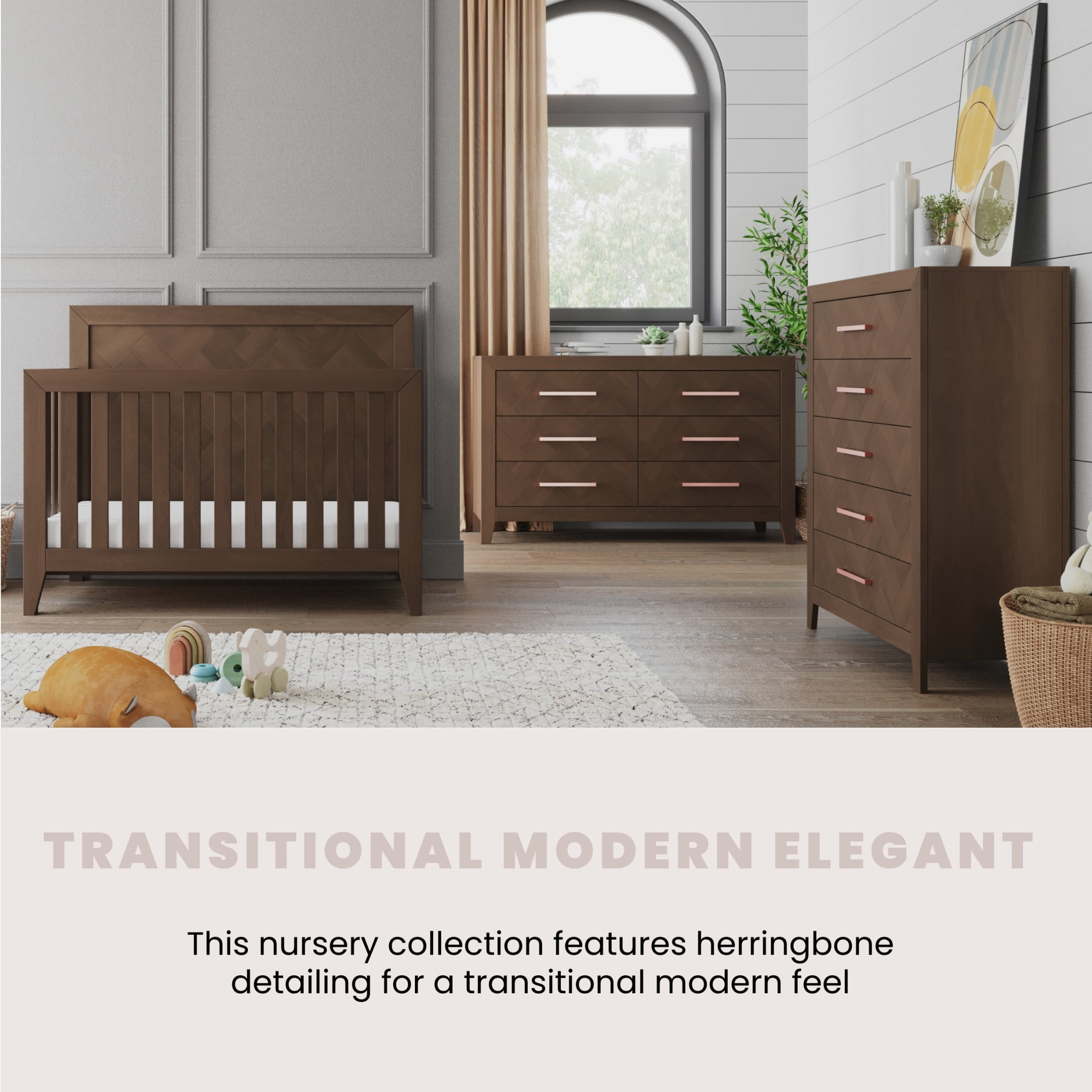 Child Craft Kieran 4-in-1 Convertible Crib, Herringbone Panel Design, 2 Mattress Heights, Toasted Chestnut
