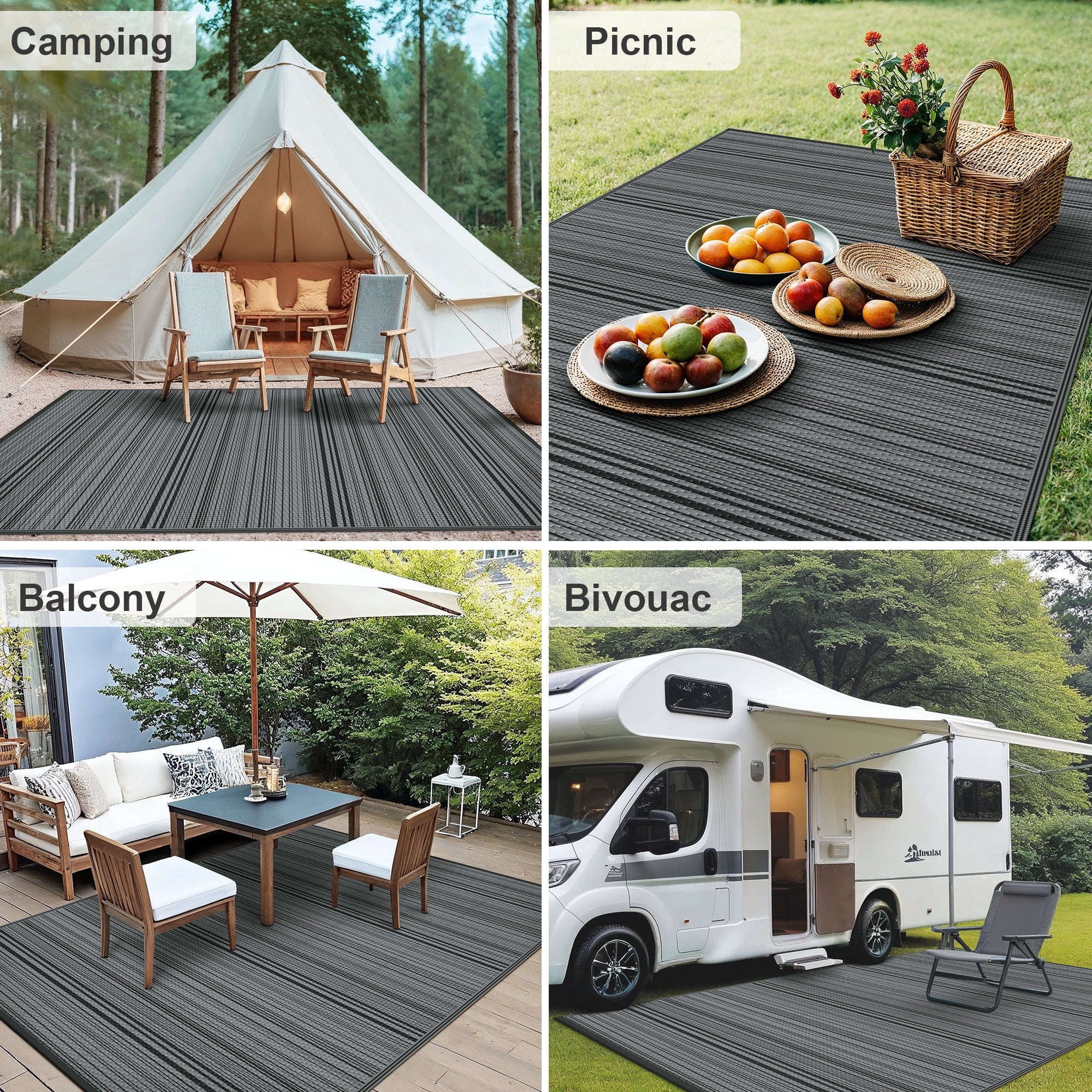 KUETH 9'x 12' Outdoor Waterproof Rug Camping Mat Patio Carpet,Black&Gray