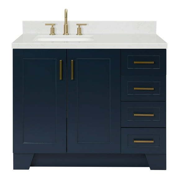 Ariel Taylor 42 In. Left Offset Rectangle Sink Bathroom Vanity With Carrara White Quartz Countertop 1.5 Edge In Midnight Blue