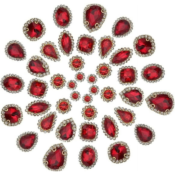 100PCS 10 Styles Sew on Rhinestones Round Horse Eye Claw Gold Prong Setting Glass Sewing Flatback Fancy Stone Gems with 4 Holes for Jewelry Charms Making Clothes Shoes Crafts Red
