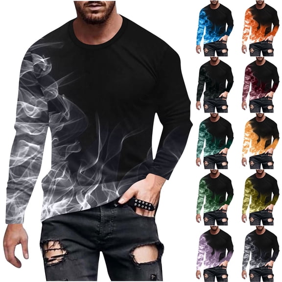 FRSASU Men's fashionable and comfortable flame printed round neck Casual Shirts Long Sleeve Top Yellow