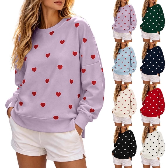 Women Sweatshirt Sevevn Crew Neck Oversized Fit Soft Fleece Heart Print Drop Shoulder Long Sleeve Pullover For Valentine Daily Street Casual Wear