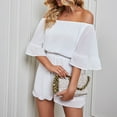 thumbnail image 4 of Women Boho Off Shoulder Summer Chiffon Romper Casual One Piece Strapless 3/4 Bell Sleeve Shorts Tube Top Jumpsuit, 4 of 7