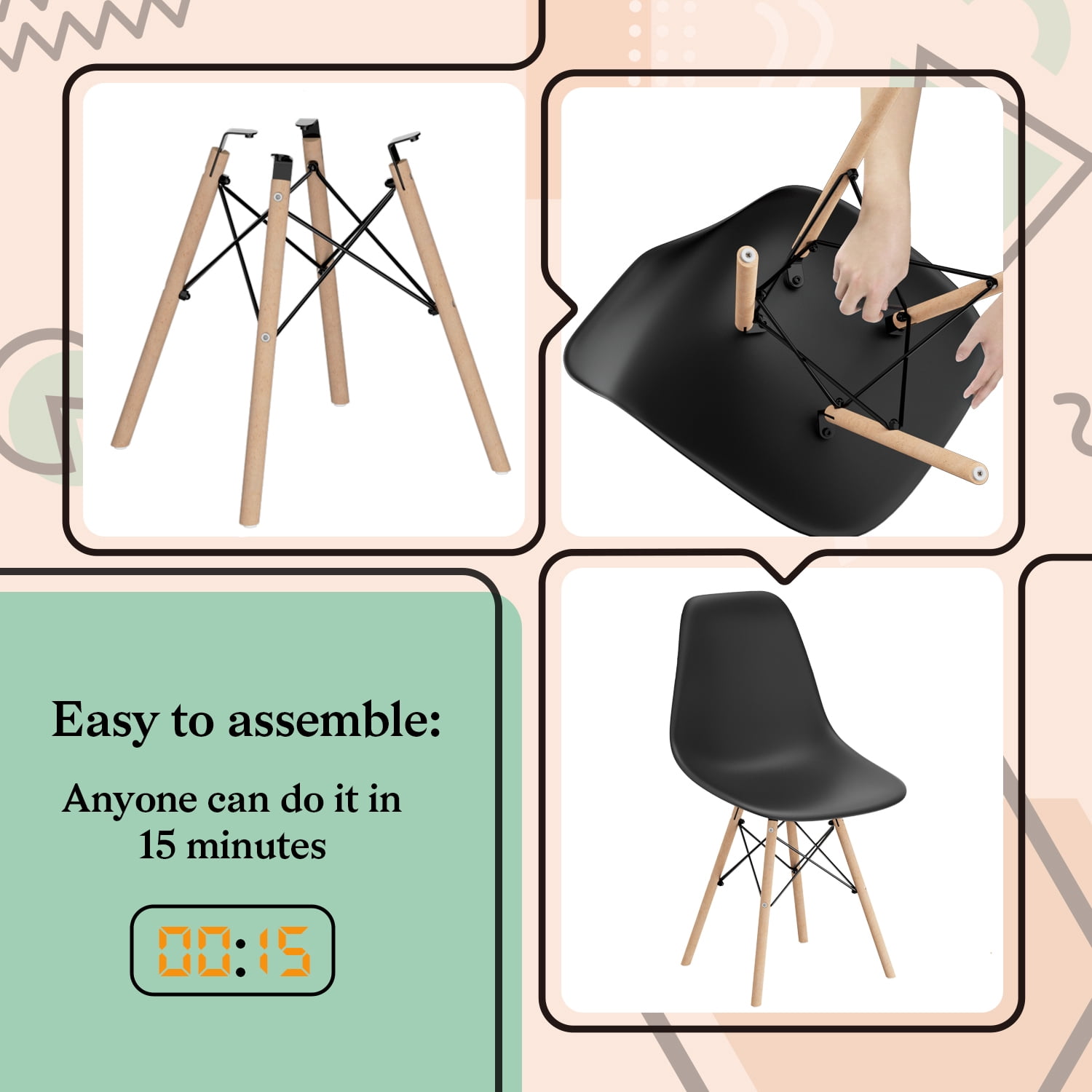 Furmax Modern Dining Chair Set of 4 Mid Century DSW Shell Chair for Kitchen, Dining, Bedroom, Living Room,Black