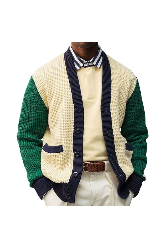 Men's Contrast Color Patchwork Argyle V-Neck Cardigan Sweater Preppy Style Knitted Jumper Vintage Coats Outwear Tops