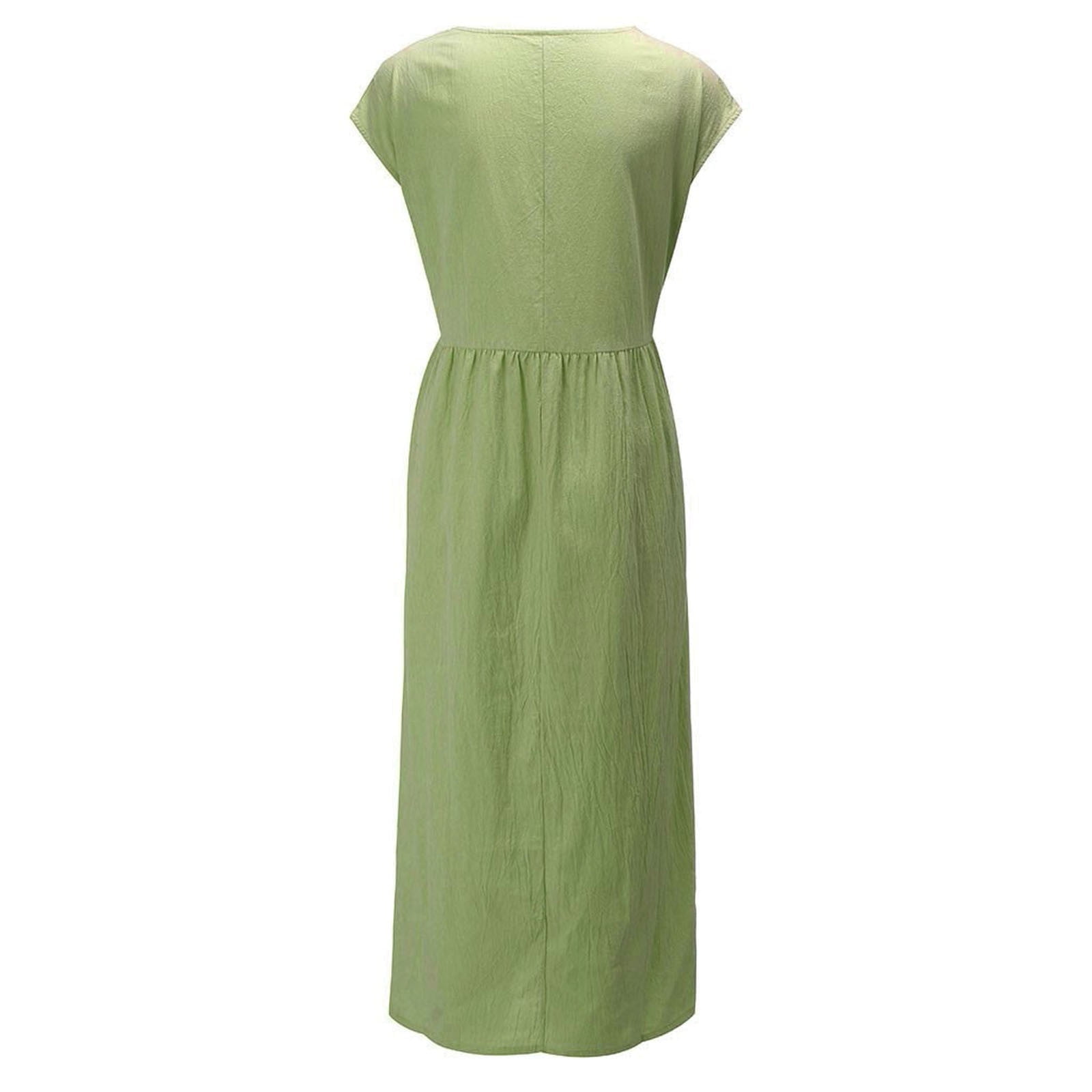 Women's Solid Sleeveless O-neck Maxi Pockets Linen Loose Baggy Kaftan Long Dress