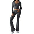 thumbnail image 1 of Conjunto Deportivo de 2 Piezas para Mujer, Camiseta de Larga, Pantalones Acampanados con Solapa, Chándal Informal, Gris Oscuro, Talla XS, 1 of 8