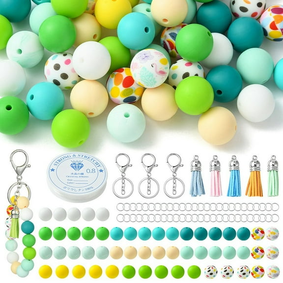 1 bag DIY Beaded Phone Charms Straps Keychain Making Kit Including Silicone Round Beads Iron Split Key Rings Faux Suede Tassel Pendant Decoration Green 117pcs/bag