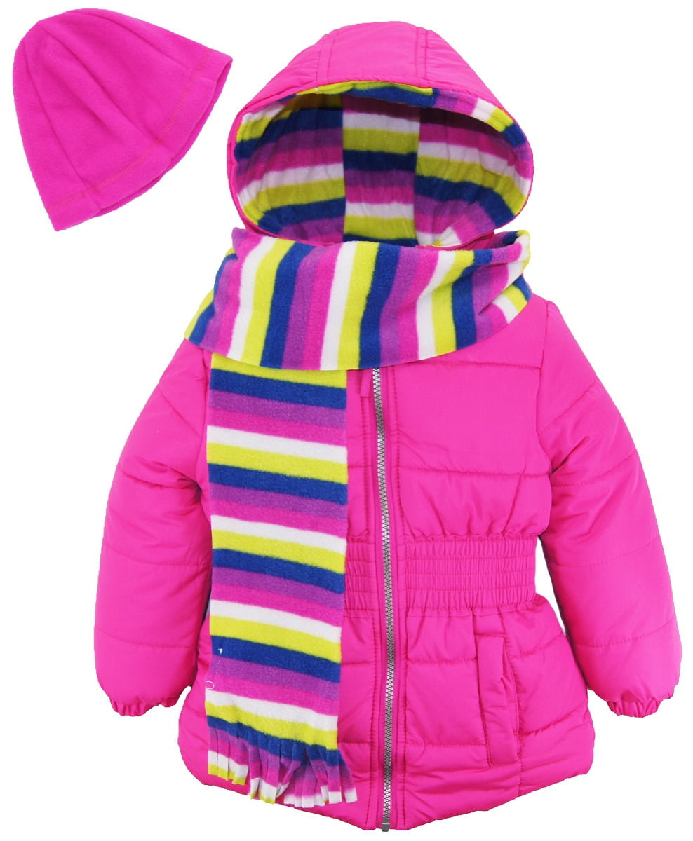 Pink Platinum Little Girls' Puffer Coat Set with Stripe Lining Scarf