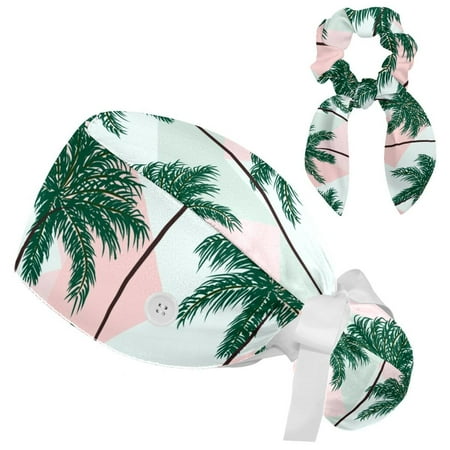 

Working Cap with Buttons and Sweatband Scrub Hat Bouffant Caps with Scrunchie tropical palm trees Tie Back Hats
