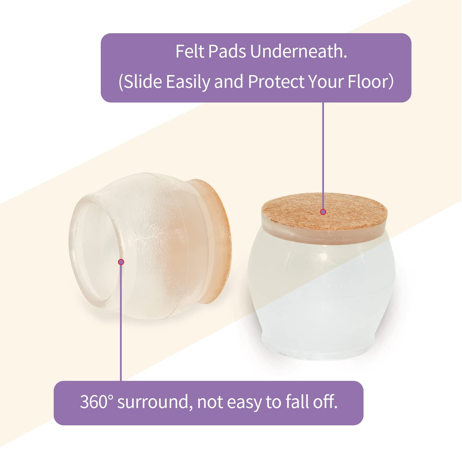 Flyshop 8PCS Round Chair Leg Caps with Felt Pads Durable Chair Leg Floor Protectors for Hardwood Floor Prevent Scratches Reduce Noise, Transparent Protective Caps, 33 to 44 mm