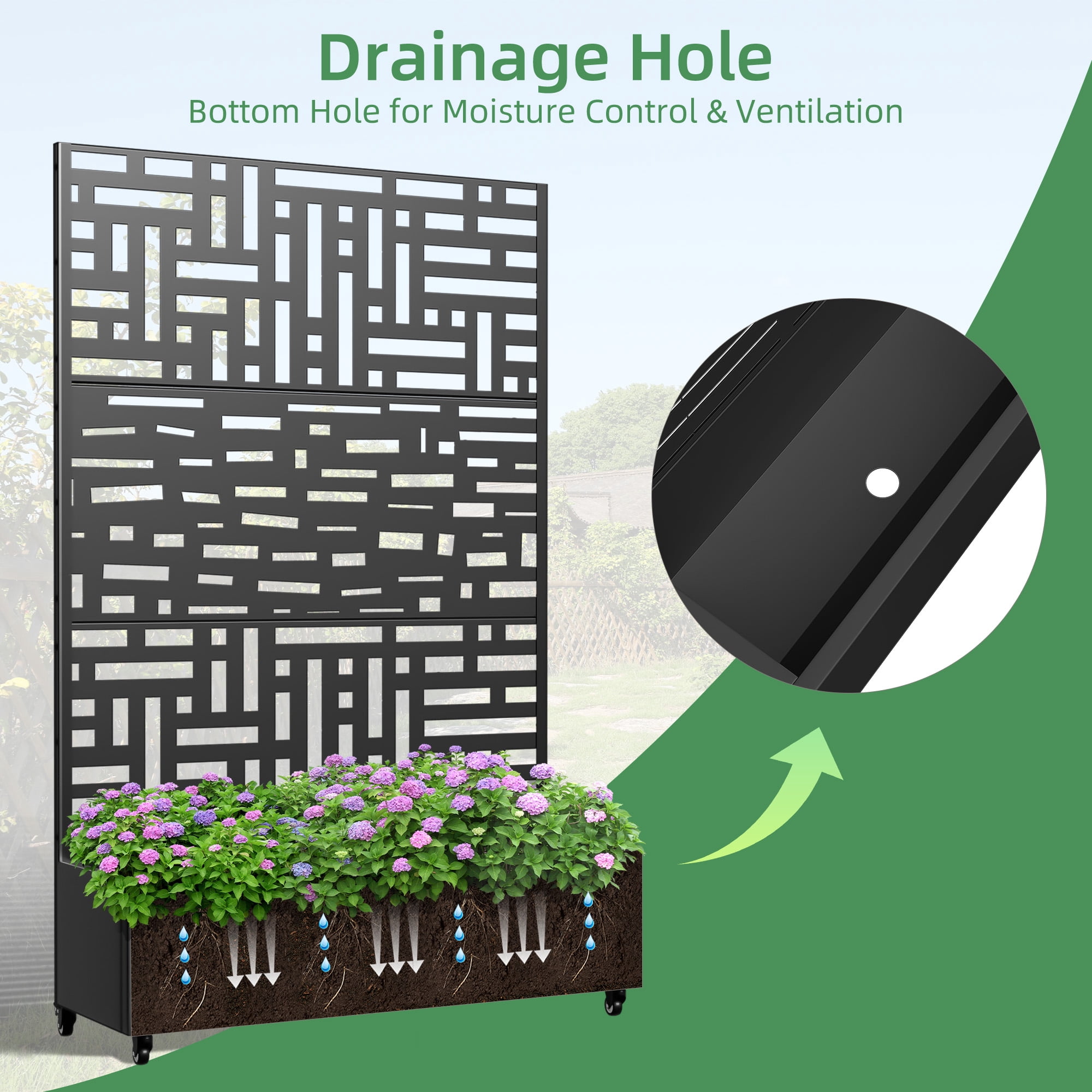 MAYEERTY 47*16*72" Outdoor Black Metal Planter Box with Trellis for Climbing Plants, Street Pattern Panel