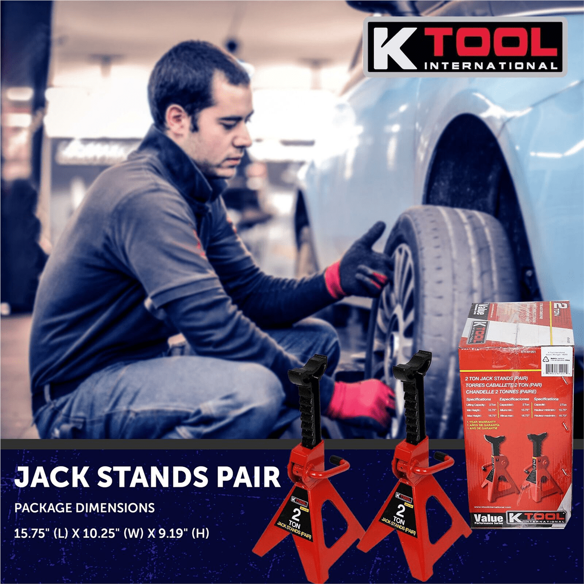 K Tool 61201 2 Ton Jack Stands, Heavy-Duty Steel, Adjustable Height