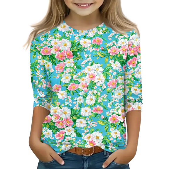 YOUYEDIAN Girls 3/4 Sleeve Shirts 13-14 Floral Graphic Tops Crewneck Tshirt Casual Outfits Mint Green 13-14 Years