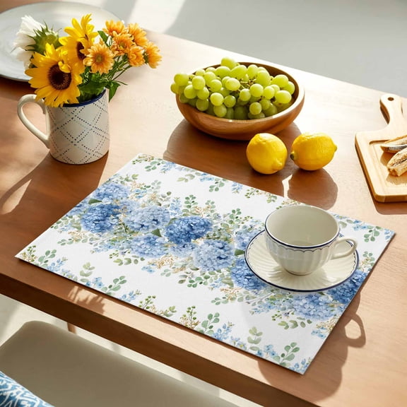 Blue Hydrangea Placemats Set of 4, Rustic Summer Blue Floral Leaf Non-Slip Place Mats Washable Table Mats for Kitchen Dining Table Decorations Indoor/Outdoor