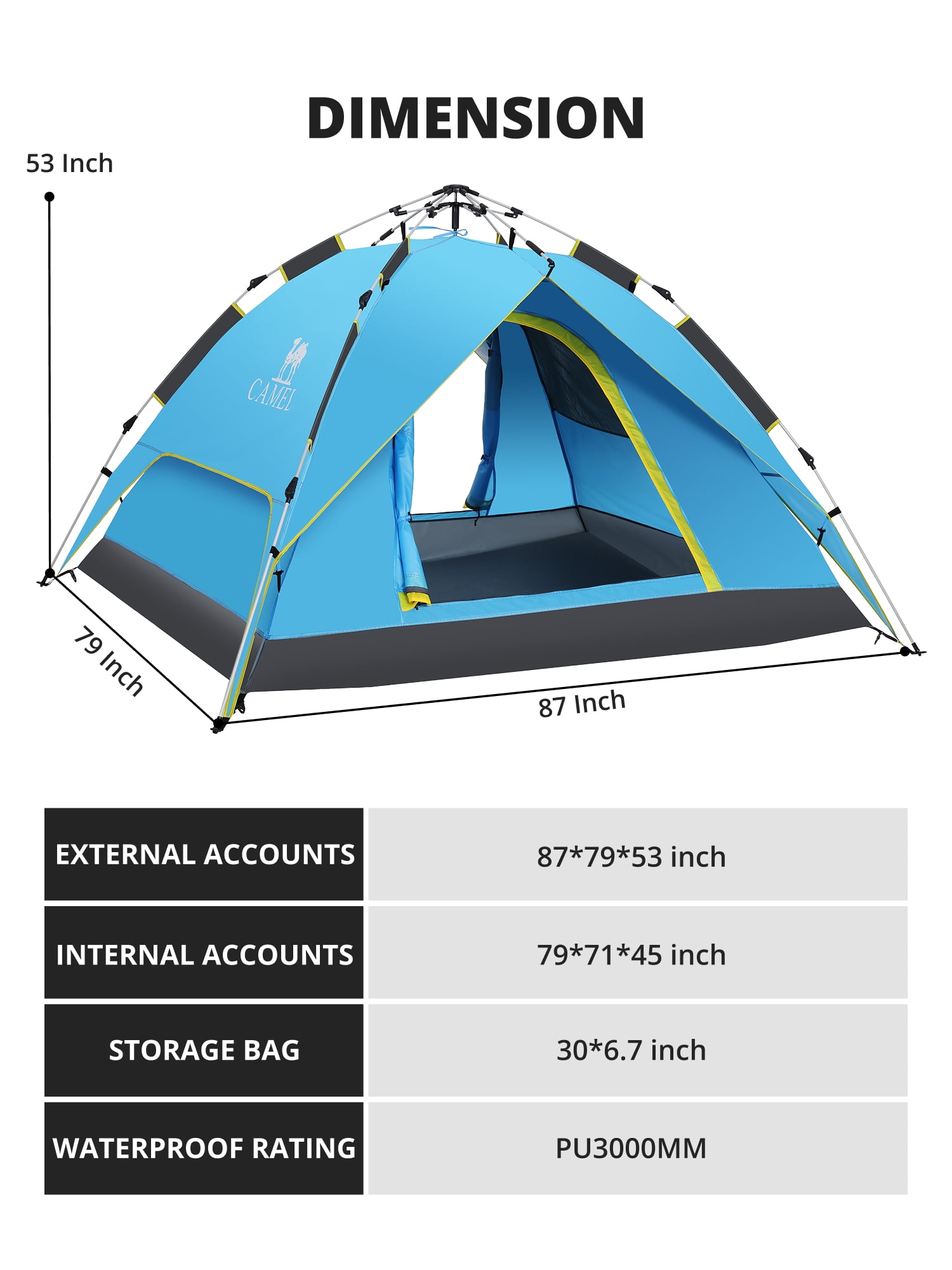 CAMEL 3-4 Person Pop Up Dome Tent Waterproof UV-Resistent Shelter 2-in-1 Backpacking Tent Outdoor