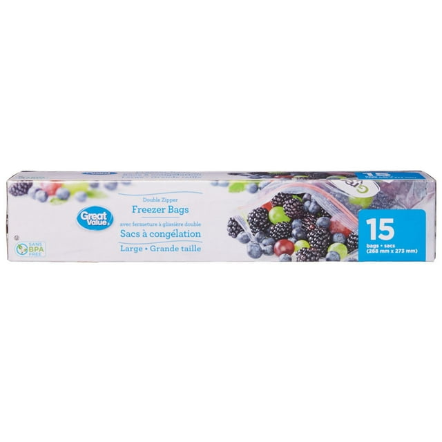 Great Value Double Zipper Freezer Bags, Large, 15 Bags