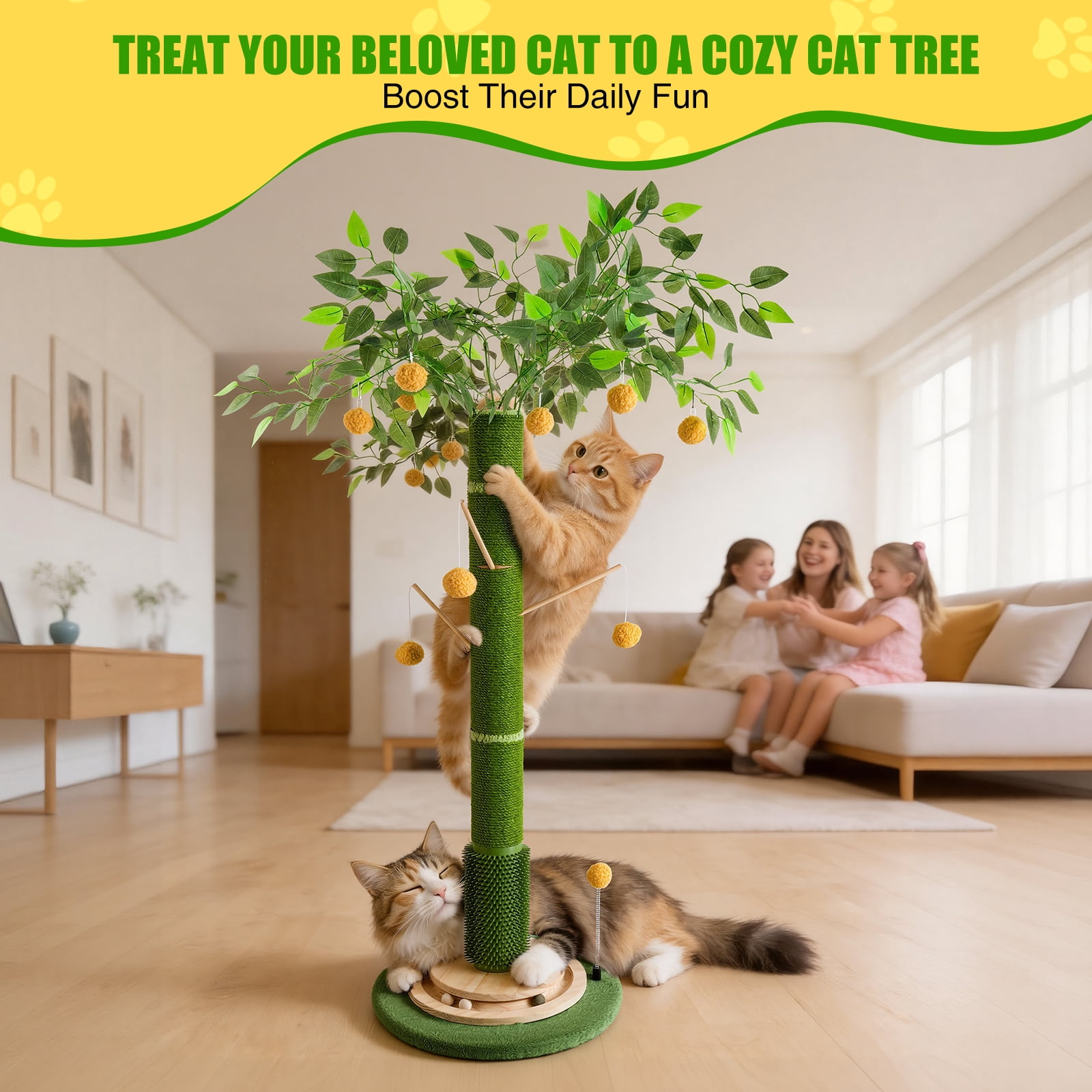 45'' Tall Cat Scratcher with Sisal Rope,Cat Scratching Posts for Indoor Cats with Interactive Ball,Self Groomer with Hanging Ball for for Kittens Adults Cats