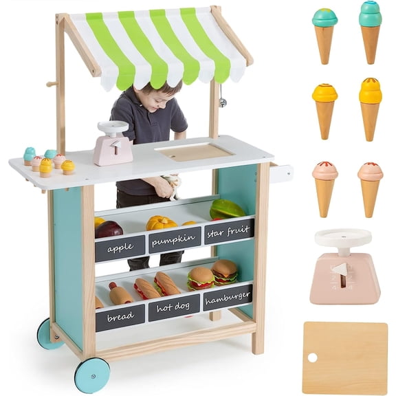 OLAKIDS Wooden Grocery Store Marketplace Toy, Colorful Supermarket Pretend Play, Extra Storage 6 Ice Creams Scales Bells Chalkboards, Fun Indoor Farmer's Market Stand Set Gift for Ages 3