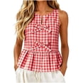 thumbnail image 2 of Xdegoge Women Plaid Double Bow Tie Sleeveless Peplum Top Round Neck Checked Summer Blouse Casual Flare Hem Tunic Shirt Retro Gingham Pattern Tee Tops, 2 of 8