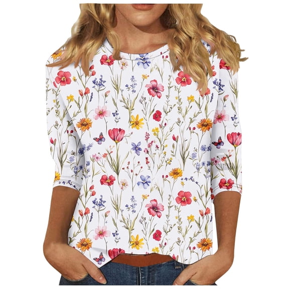 CYMMPU Tunic Tops 3/4 Sleeve Loose Fit Blouses for Women Dressy Casual Summer Fashion Shirts Flower Pattern Crew Neck Spring Tops Lightweight Basic T-Shirts Multicolor XXXL