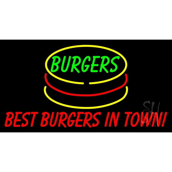 Best Burgers Intown LED Neon Sign 20 x 37 - inches, Black Square Cut Acrylic Backing, with Dimmer - Bright and Premium built indoor LED Neon Sign for restaurant window and interior decor.