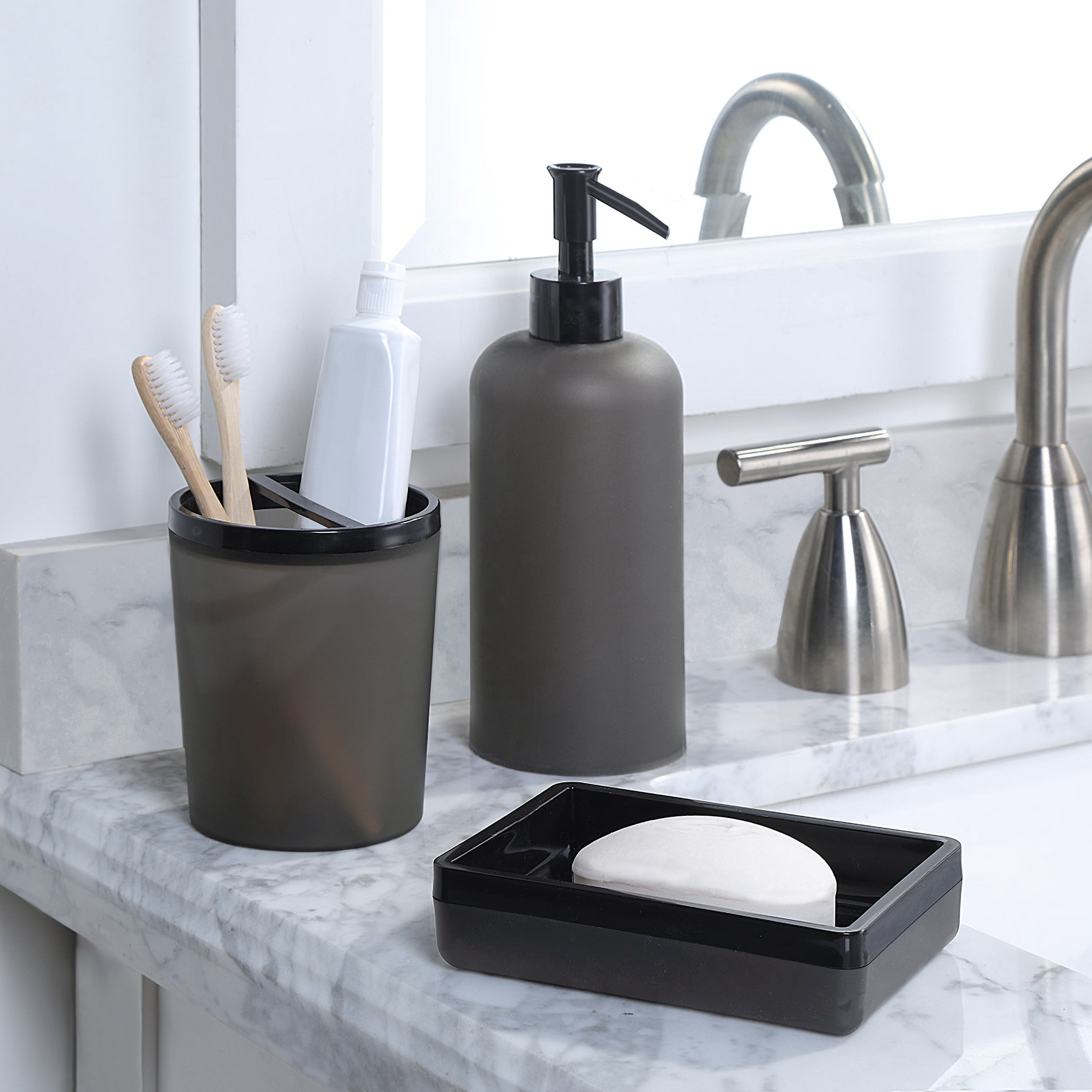 Frosted Black Plastic 4 Pc Bath Accessories Set, Mainstays