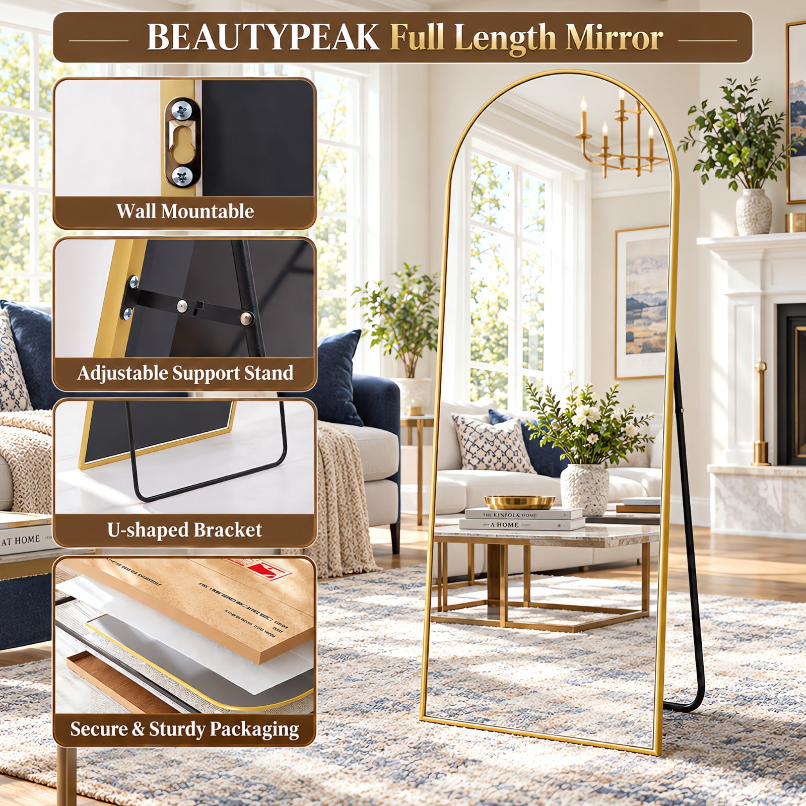 BEAUTYPEAK 71"x 26" Oversized Full Length Mirror Arch Standing Floor Mirror Full Body Mirror, Gold