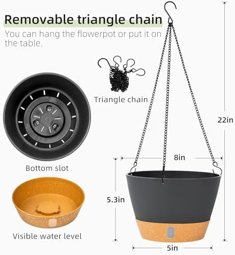 2 Pack 8 Inch Hanging Planters for Indoor Outdoor Plants, Hanging Baskets Flower Pots with Reservoir Tray & Visible Water-Level Dark Grey,8 inch