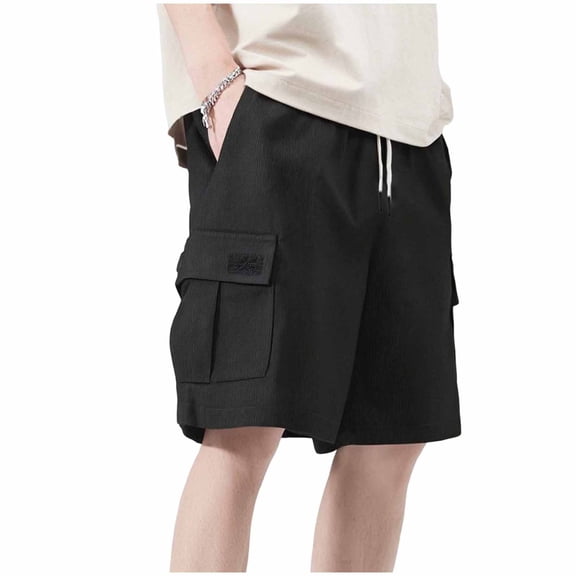 Ecqkame Mens Corduroy Cargo Shorts Casual Elastic Waist Drawstring Solid Knee Length Pants Straight Outdoor Sports Shorts with Pockets Black S
