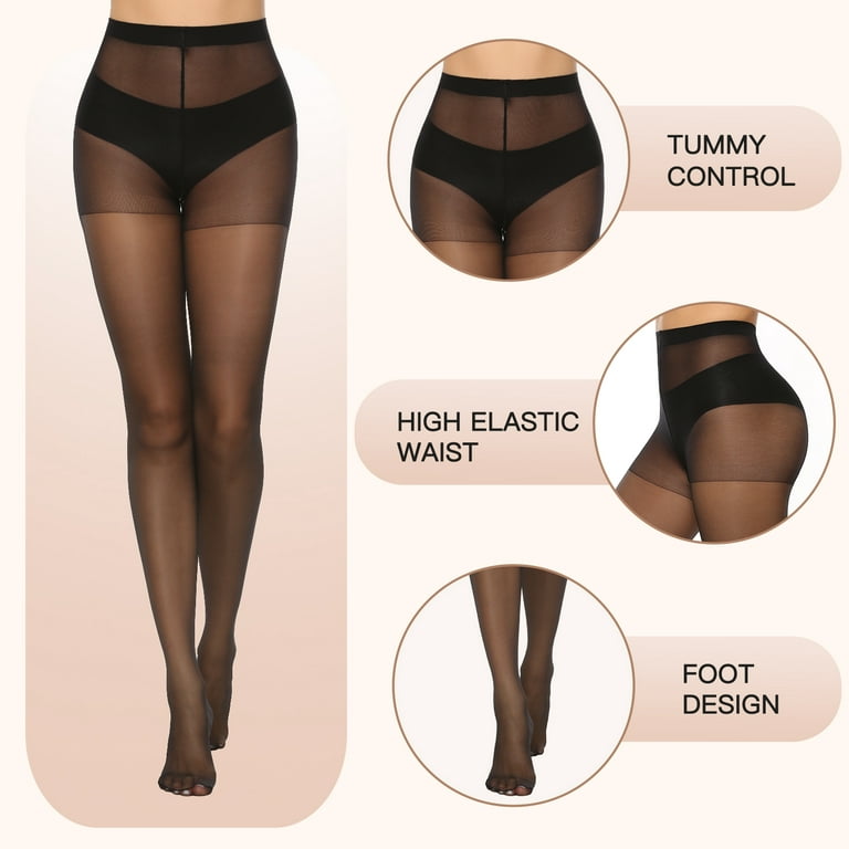 MANZI Tummy Control Top Pantyhose for Women Sheer Black