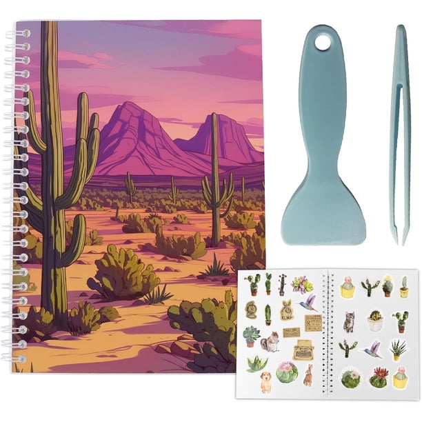 Álbum de pegatinas reutilizable con diseño de cactus del desierto, tamaño A5, 40 hojas, organizador de pegatinas reutilizables, libro de almacenamiento, libro de pegatinas con pinzas y espátula.