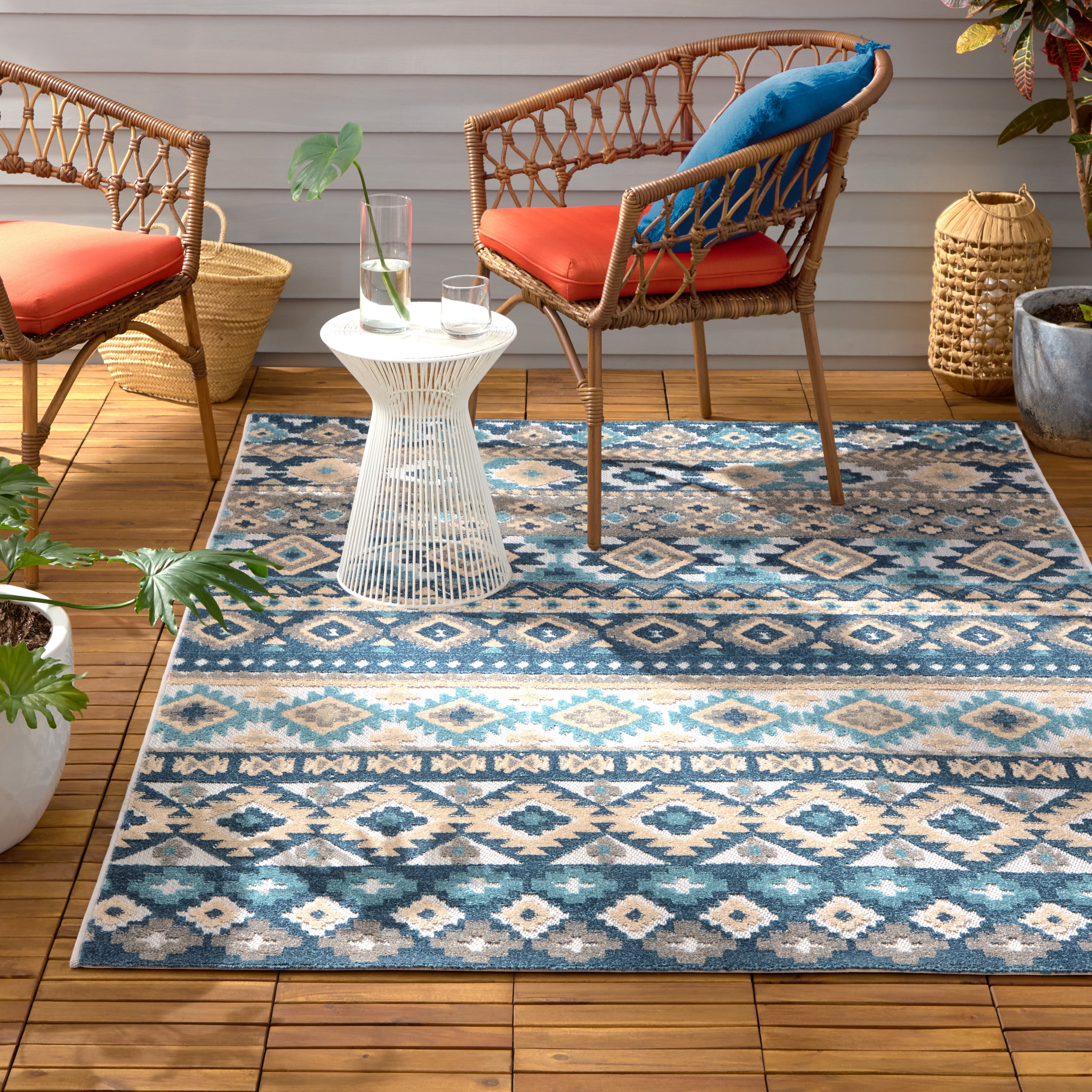 TOWN & COUNTRY EVERYDAY Dahlia Southwestern Stripe Indoor Outdoor Area Rug, UV Fade Resistant, High-Low Pile, Blue/Multi, 7'10"x10'2"