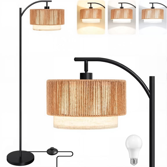 DAYBETTER Arc Floor Lamp for Living Room, Farmhouse Floor Lamps with 3 Color Temperatures, Unique Hanging Douoble Drum Lampshade, for Bedroom, Living Room