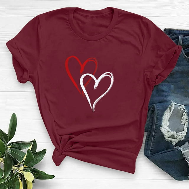 QIPOPIQ Femmes Mignon Cœur Graphique Col Rond Manches Courtes Coupe Régulière T-Shirt Décontracté T-Shirts T-Shirt Hauts Liquidation