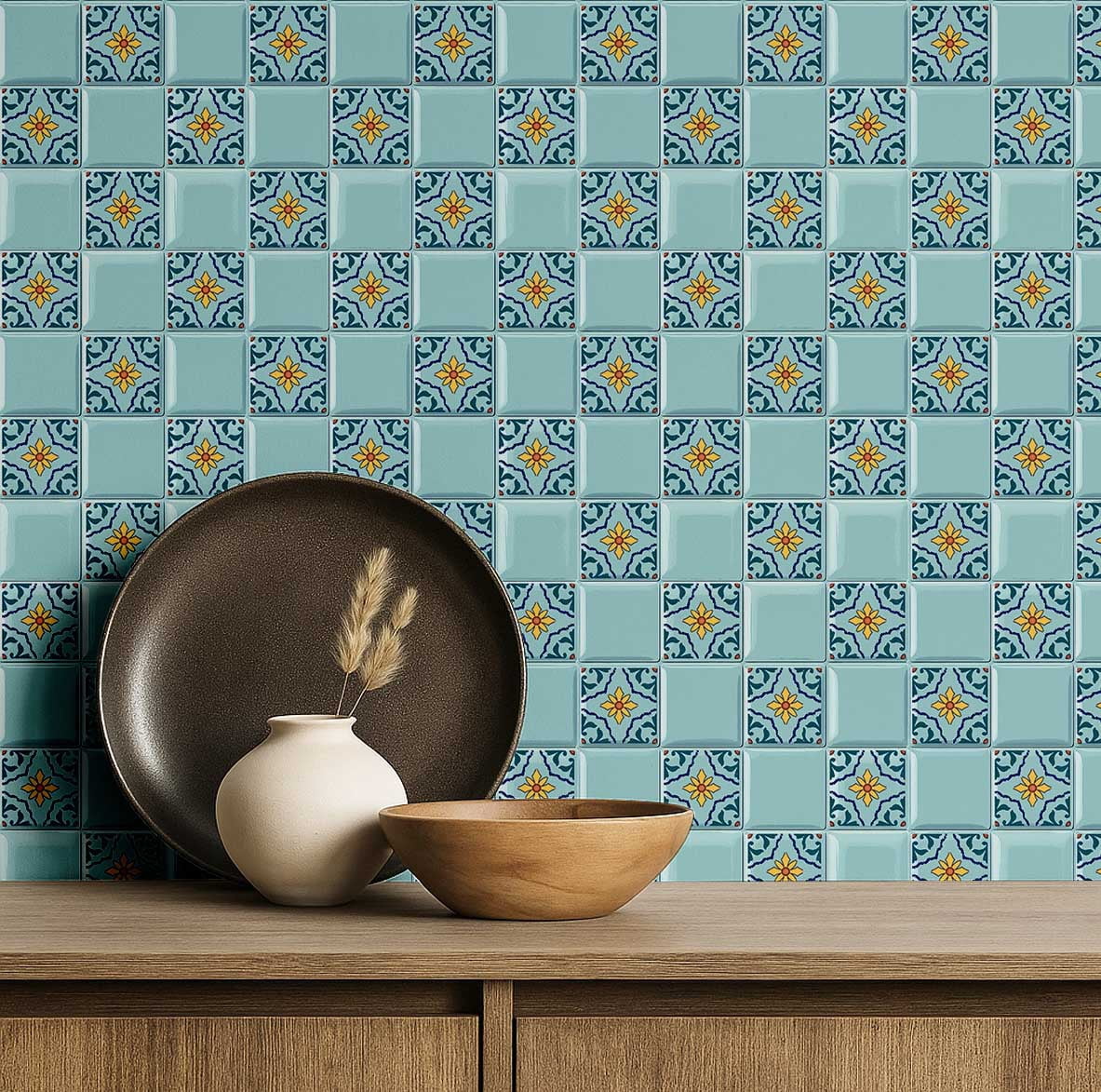 S4Sassy Mosaic Tile Wallpaper - Turquoise Wall Covering, 25" X 60" Self-Adhesive Textured Vinyl Wall Paper, Walls Wrap, Botanical Removable Wallpaper For Bedroom, Nursery, Study