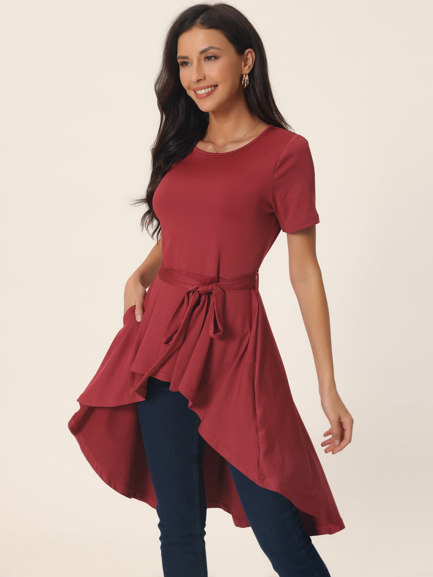 Unique Bargains Women's High Low Hem Tie Waist Asymmetrical Irregular Hem Blouse XL Wine Red
