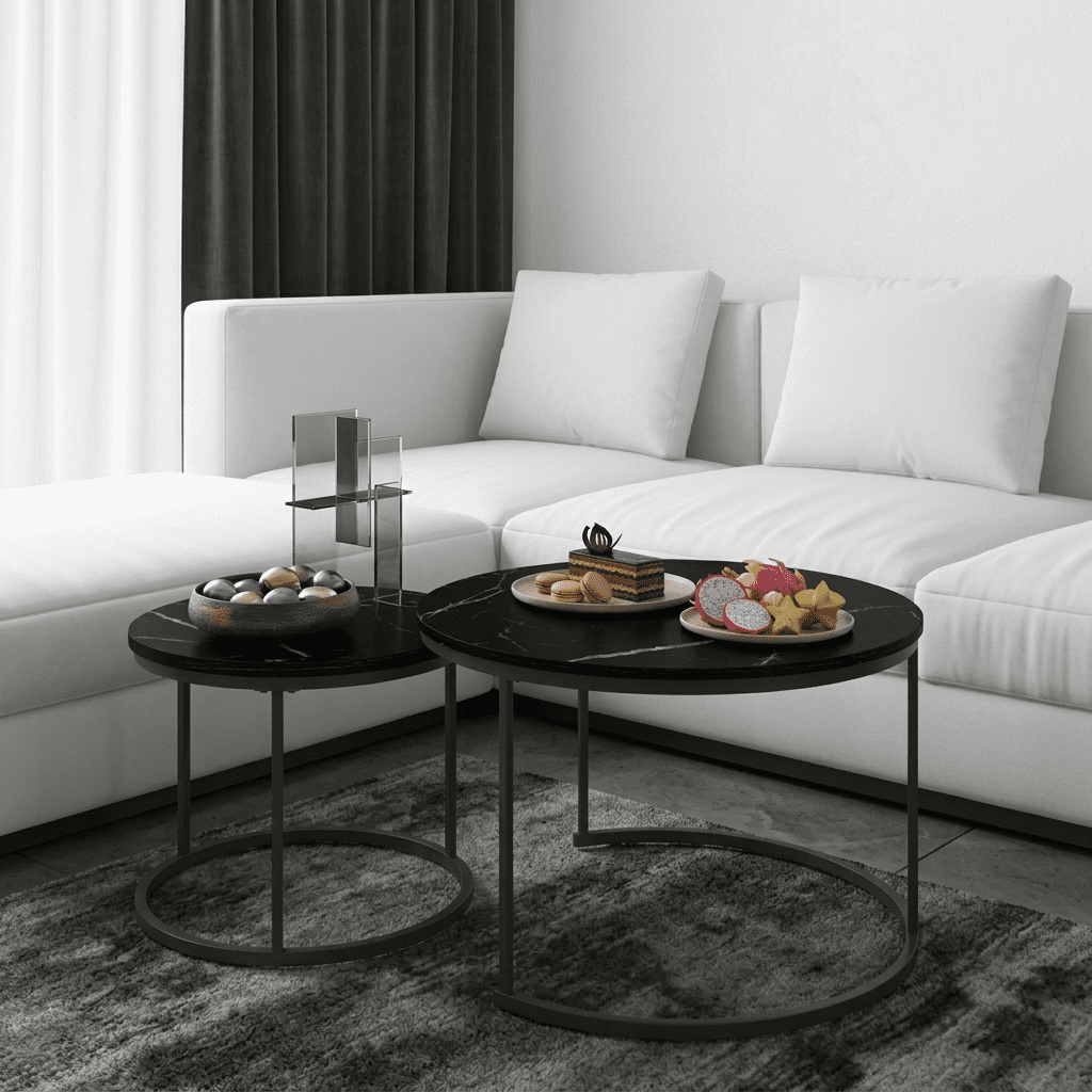 Round Nesting Coffee Table Set of 2 Modern Faux Marble Accent Side End Tables with Sturdy Metal Frame for Living Room Small Spaces Balcony Black