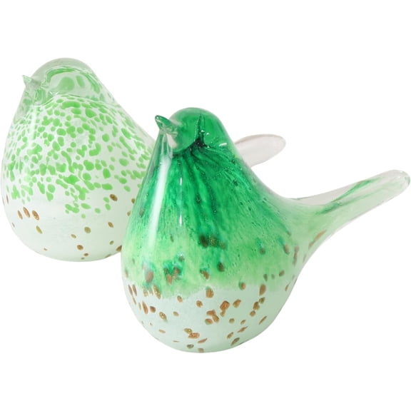 Bird Figurines, Set of 2, Hand Blown Art Glass, Pale Green and White, 6.25 Inches