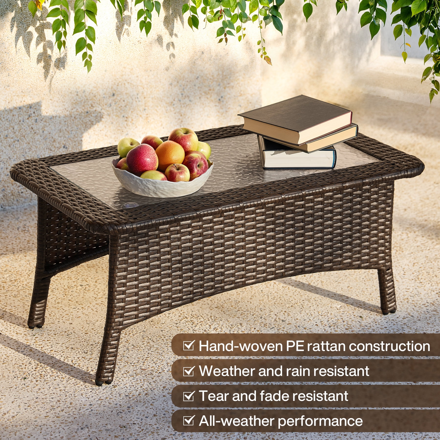 Fnova Outdoor Wicker Rectangular Coffee Table, PE Rattan Patio Table with Tempered Glass Top, Large Outdoor Furniture for Patio Backyard Garden