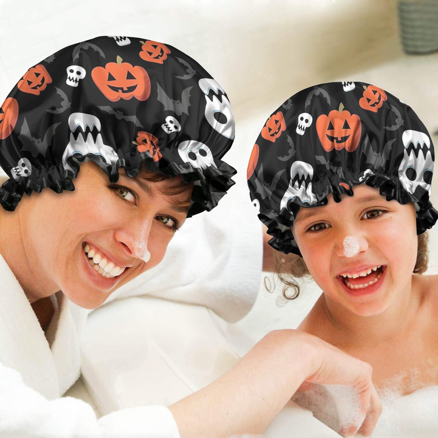 Shower Caps,Black Halloween Pumpkin Faces Waterproof Shower Cap for Women 4 Pieces,Double Reusable Hair Cover for Shower PEVA Elastic Stretch Hem