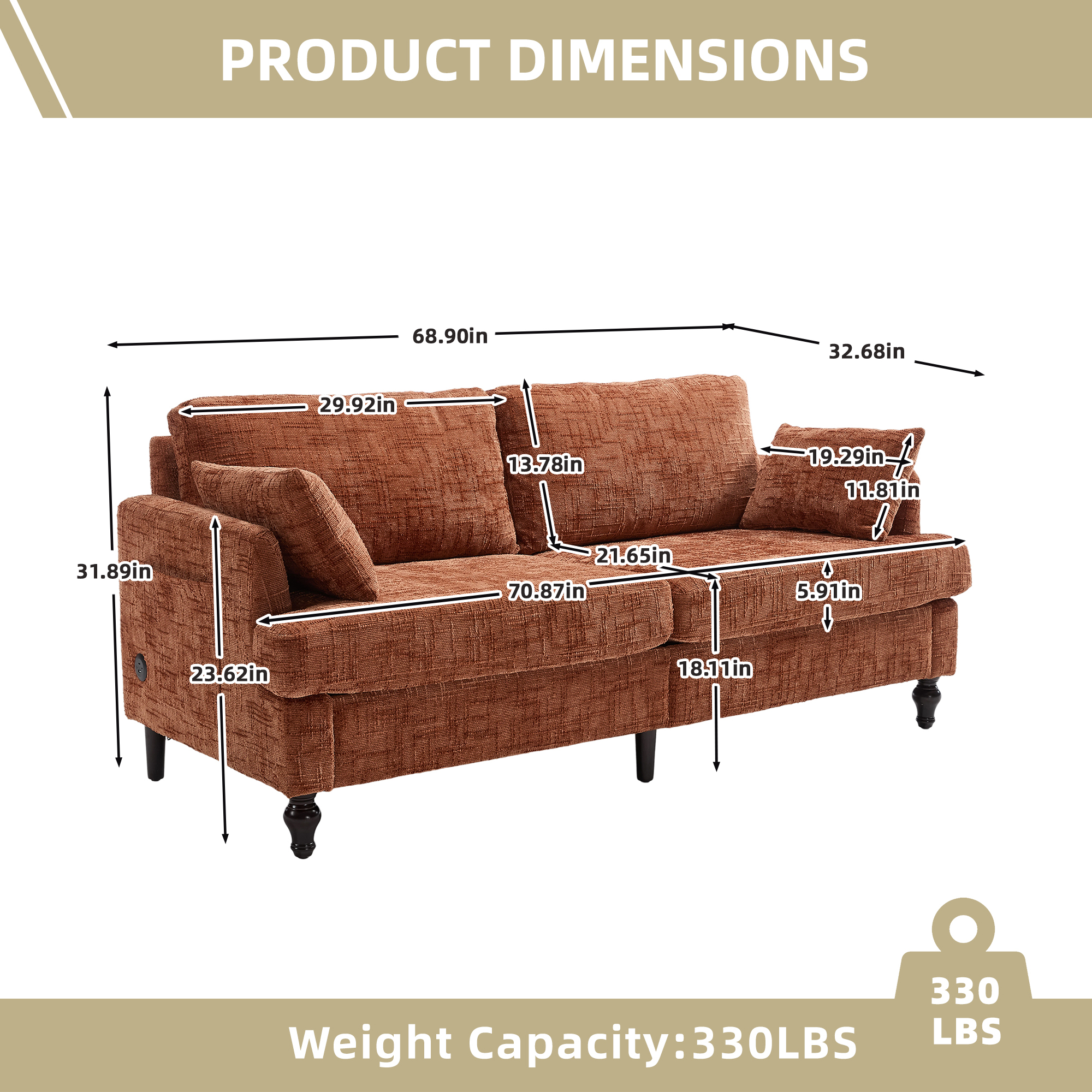 MOONMISS Chenille Upholstered Mid Century Modern Wood Frame Loveseats Sofa with LED light,USB and Side Pocket-Orange