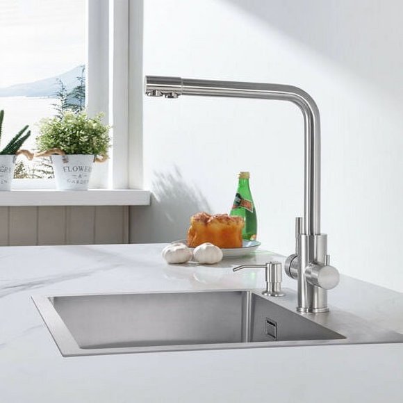 Dual Lever Control for Hot/Cold & Filtered Water, Practical 2 in 1 Mixer Tap 304 Stainless Steel 3 Way Kitchen Faucet